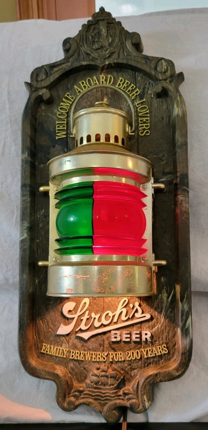 Vintage Stroh’s Nautical Lantern Light Bar Sign WELCOME ABOARD BEER LOVERS WORKS