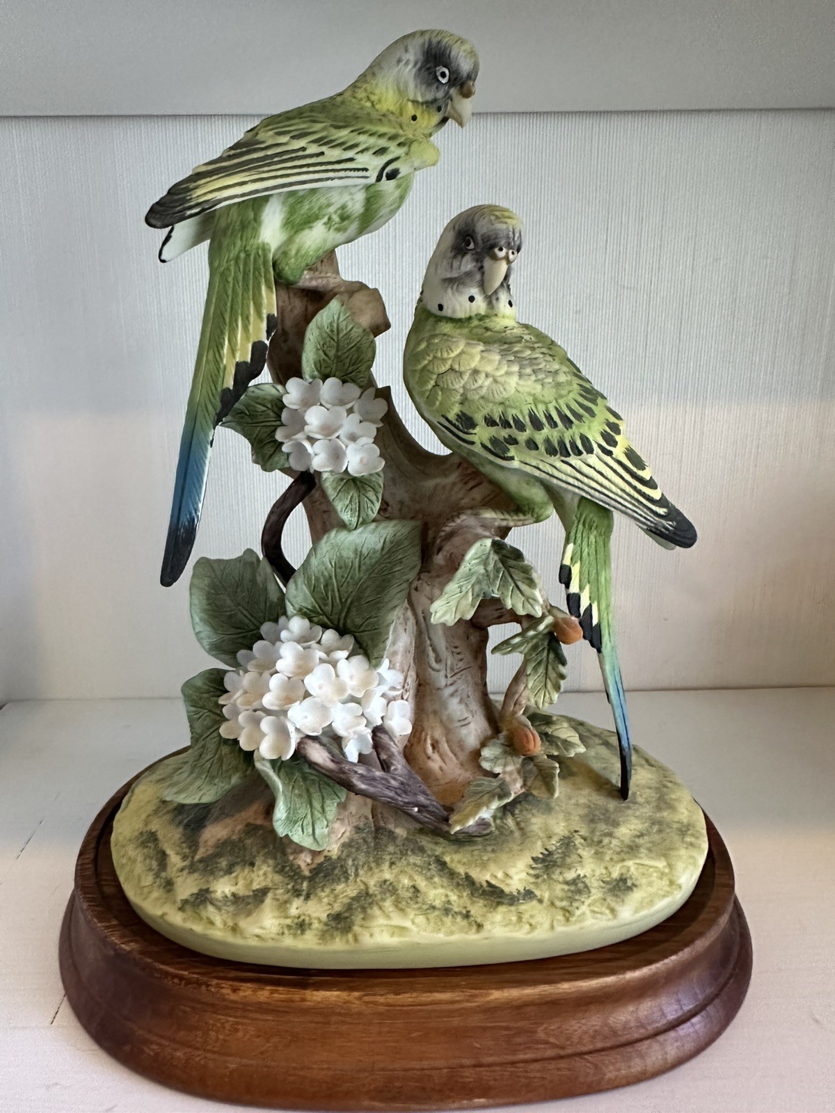 Andrea By Sadek Green Parakeet Porcelain Figurine on Wood Base 10”
