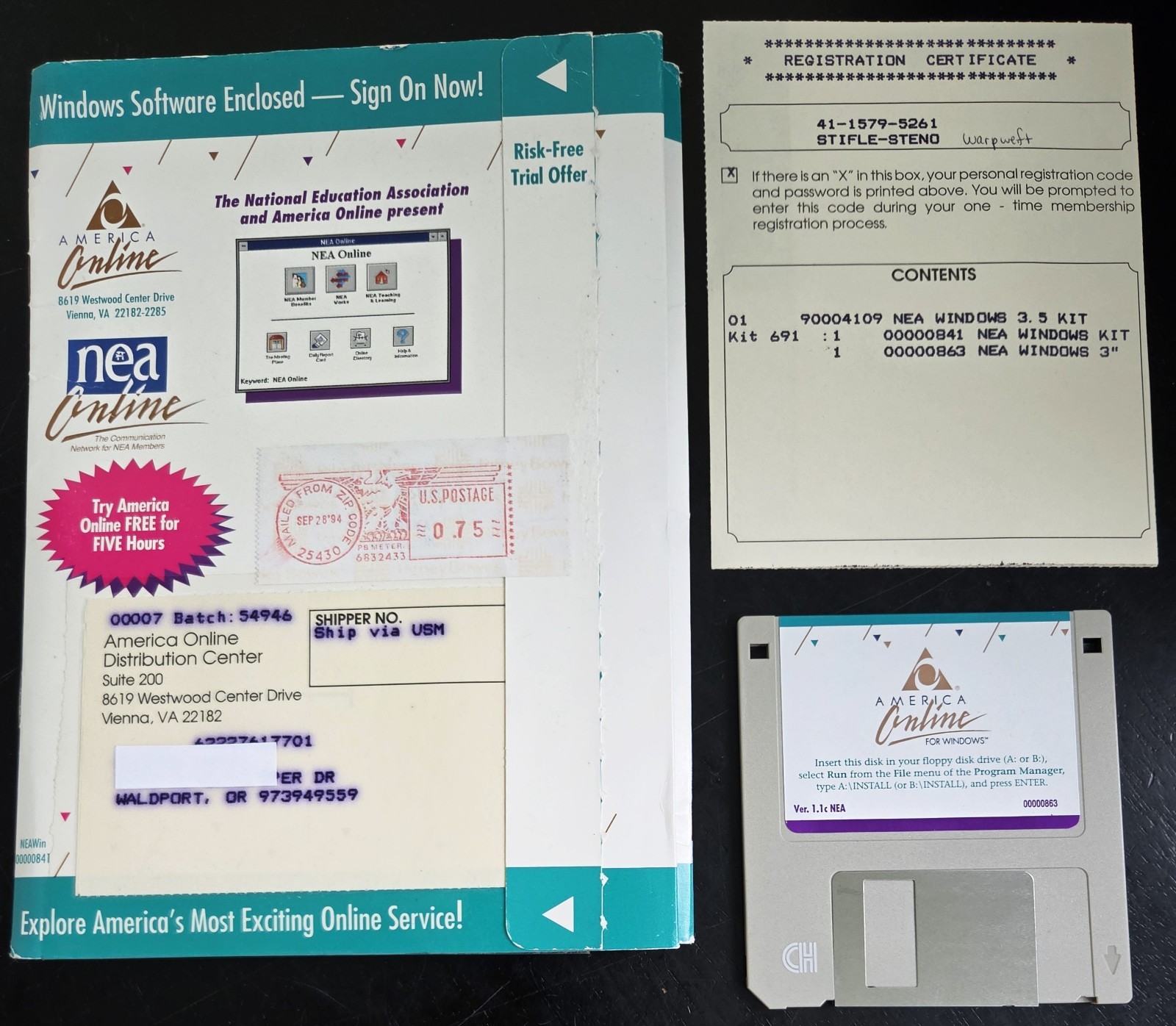 Rare Version 1.1c America Online / NEA Collectible Floppy, Vintage AOL DISK 1994