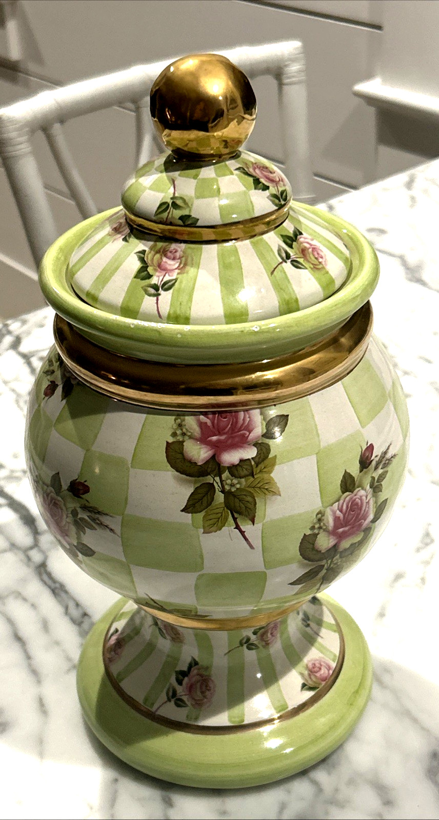 Retired  Rare Mackenzie-Childs Ceramic Honeymoon Sweet Pea Green/White Canister