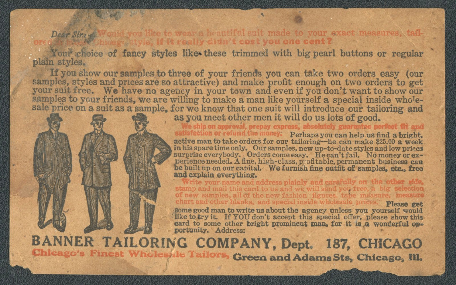 1912 Post Card Banner Tailoring Co. Dept. 187 Chicago, IL Vintage Finest Tailors