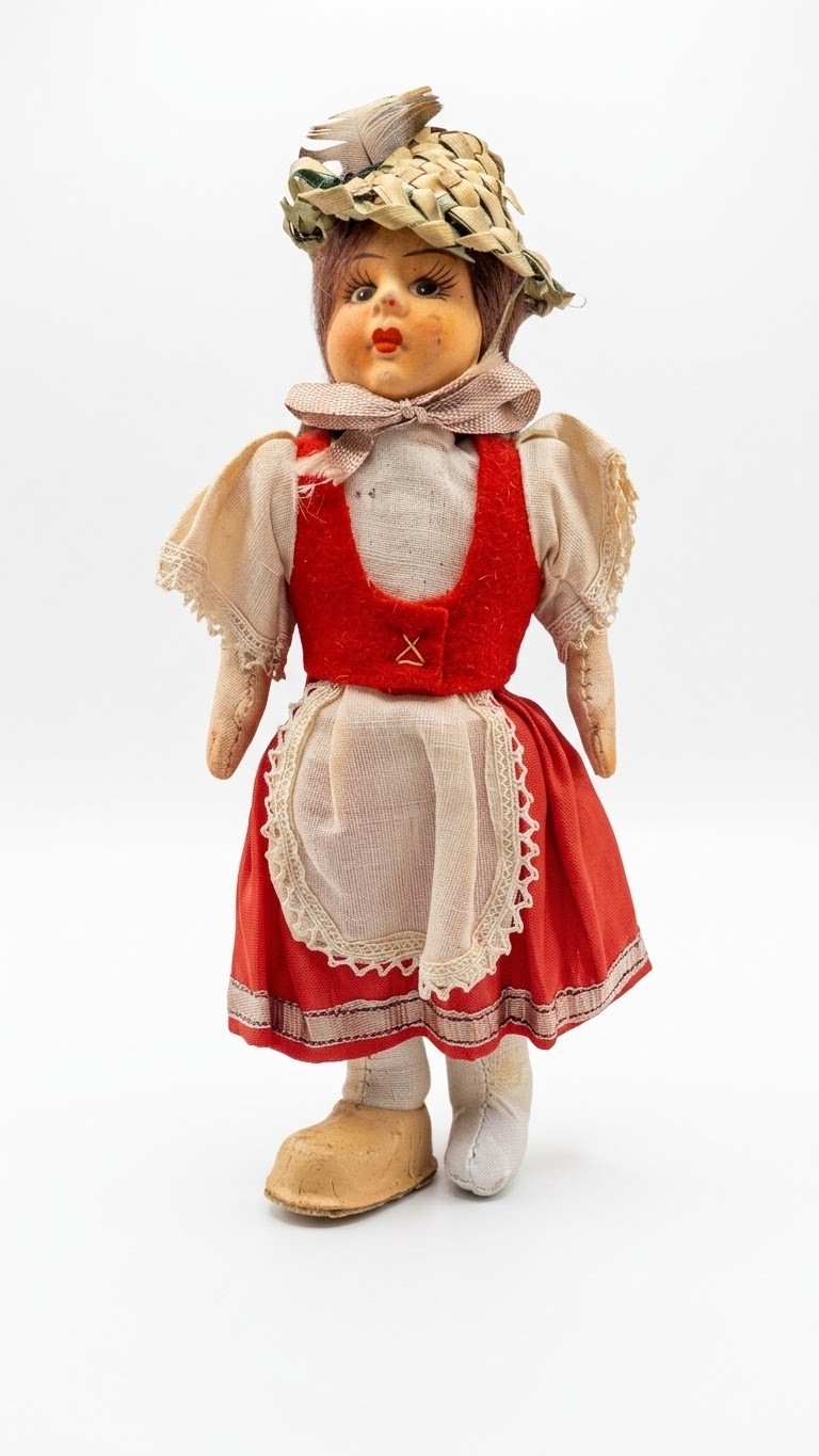 Vintage European Folk Costume Doll Red Dress w/ Apron & Woven Hat