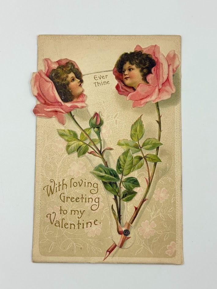Vtg Victorian Mechanical Valentine Card Die Cut Trading Moves Girls Postcard I22
