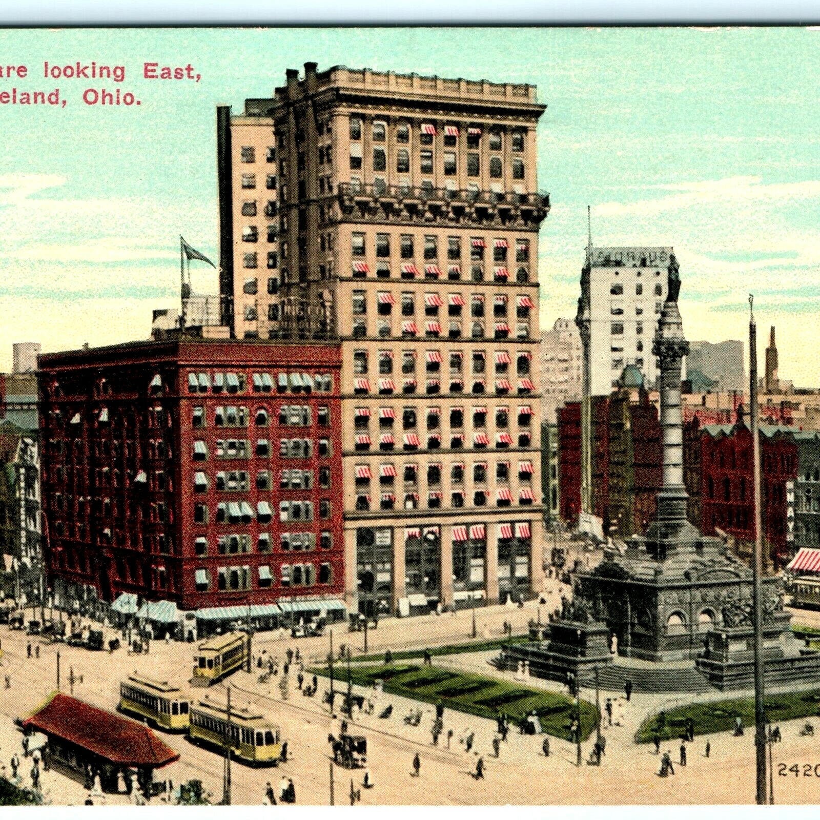 c1910s Cleveland, OH Postcard Public Square Monument Streetcars Trolleys