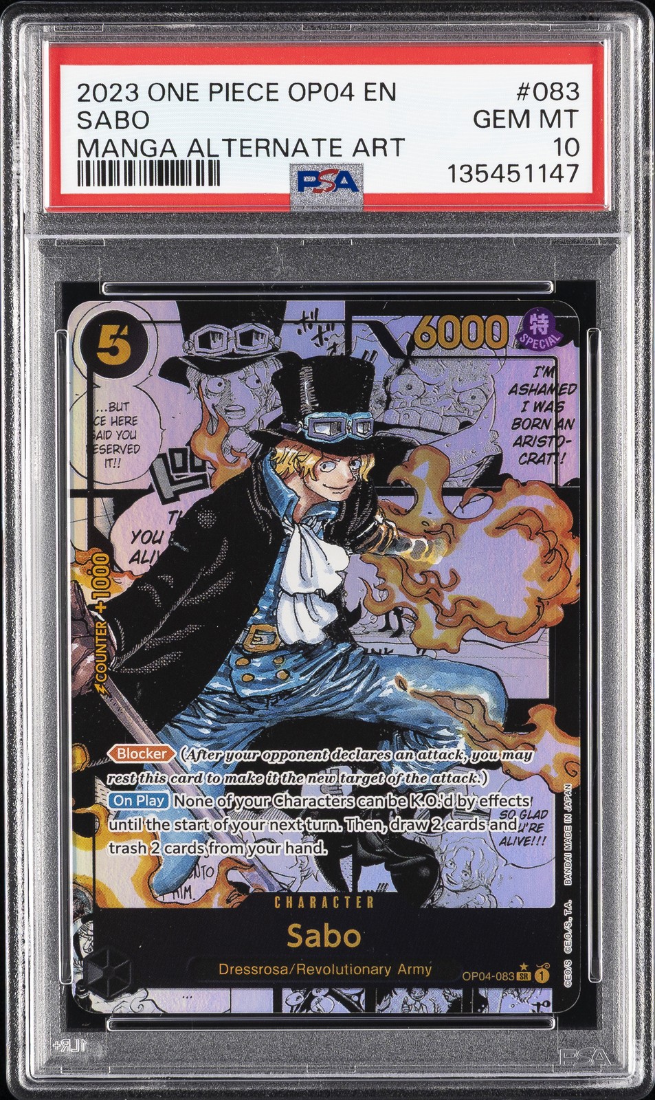 2023 ONE PIECE OP04-KINGDOMS OF INTRIGUE MANGA ALTERNATE ART #083 SABO PSA 10