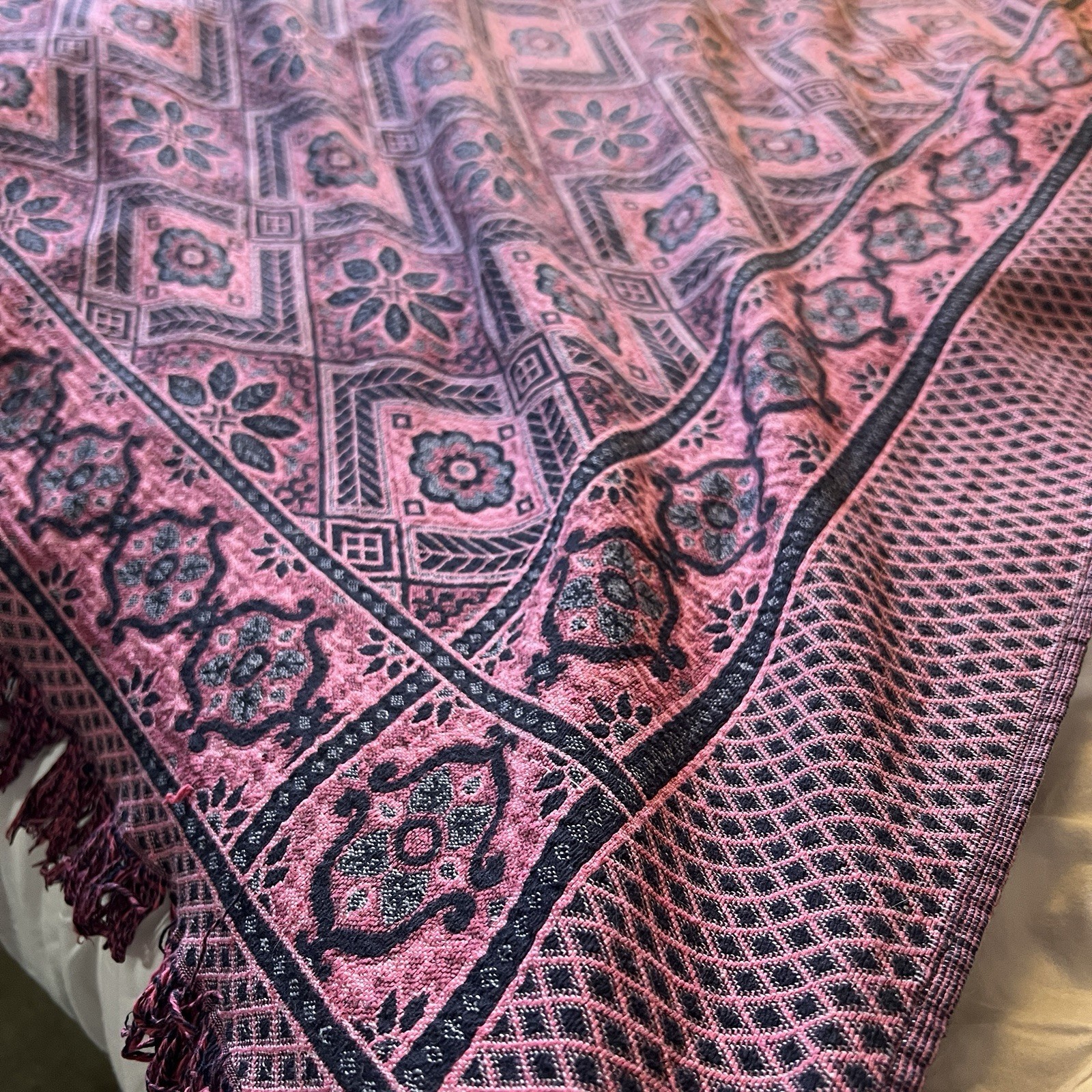 Antique 19th Century Hand Woven Jacquard Coverlet Tapestry Pink Black 72x62