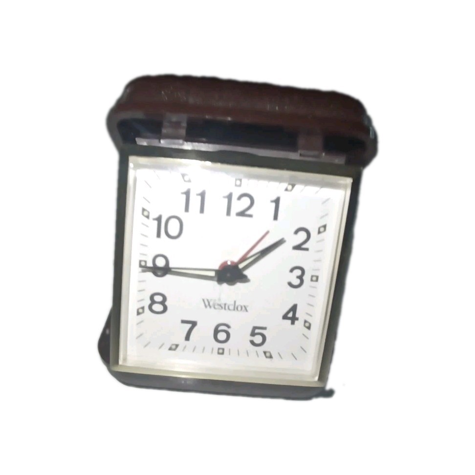 Clock Vintage Westclox 1960's Travel Alarm Wind Up Brown Folding Case MCM