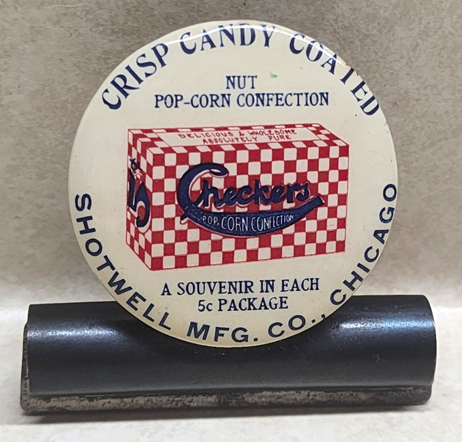 Vintage Checkers Popcorn Confection Advertising Celluloid Receipt Holder Clip