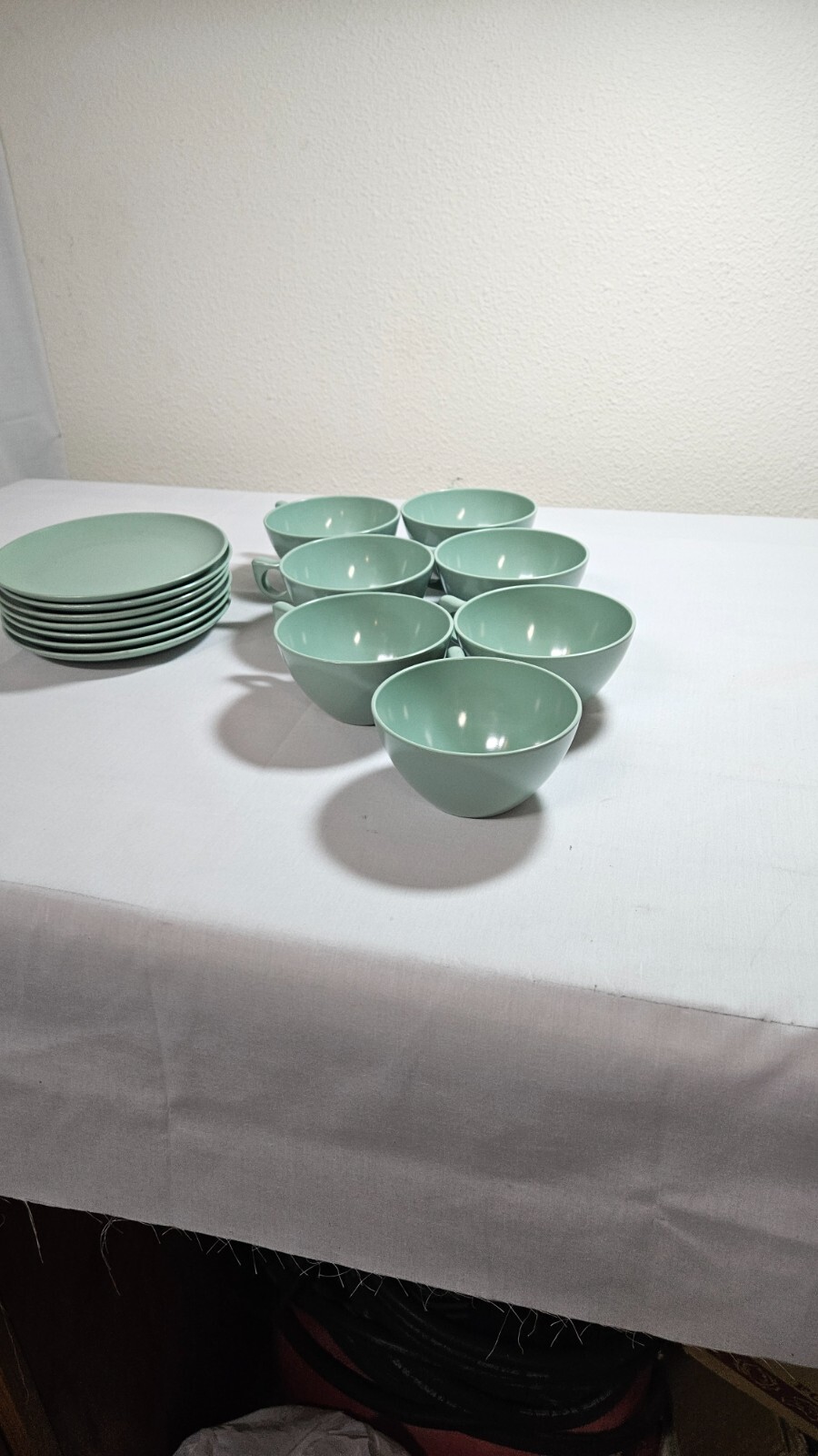 Vintage Aztec Sea Green melamine cup and saucer set of seven