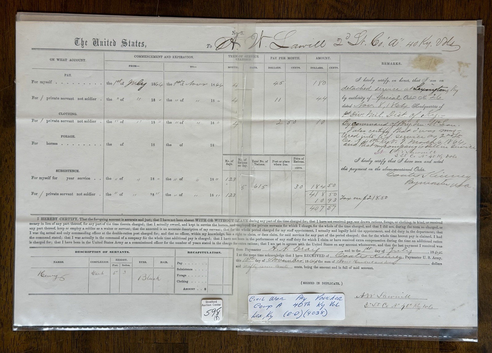 Original 1864 Civil War Officer Pay Voucher Lt. W. Lawill 40th Kentucky Infantry