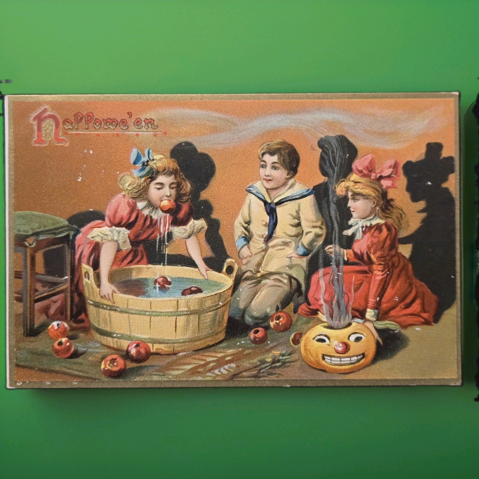 Vintage TUCK'S Halloween Postcard No.150 Children Dunking for Apples JOL 1908