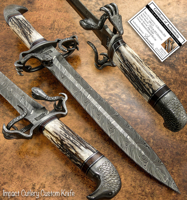 Impact Cutlery Rare Custom Damascus Dagger Knife Stag Antler Hawk and Snake