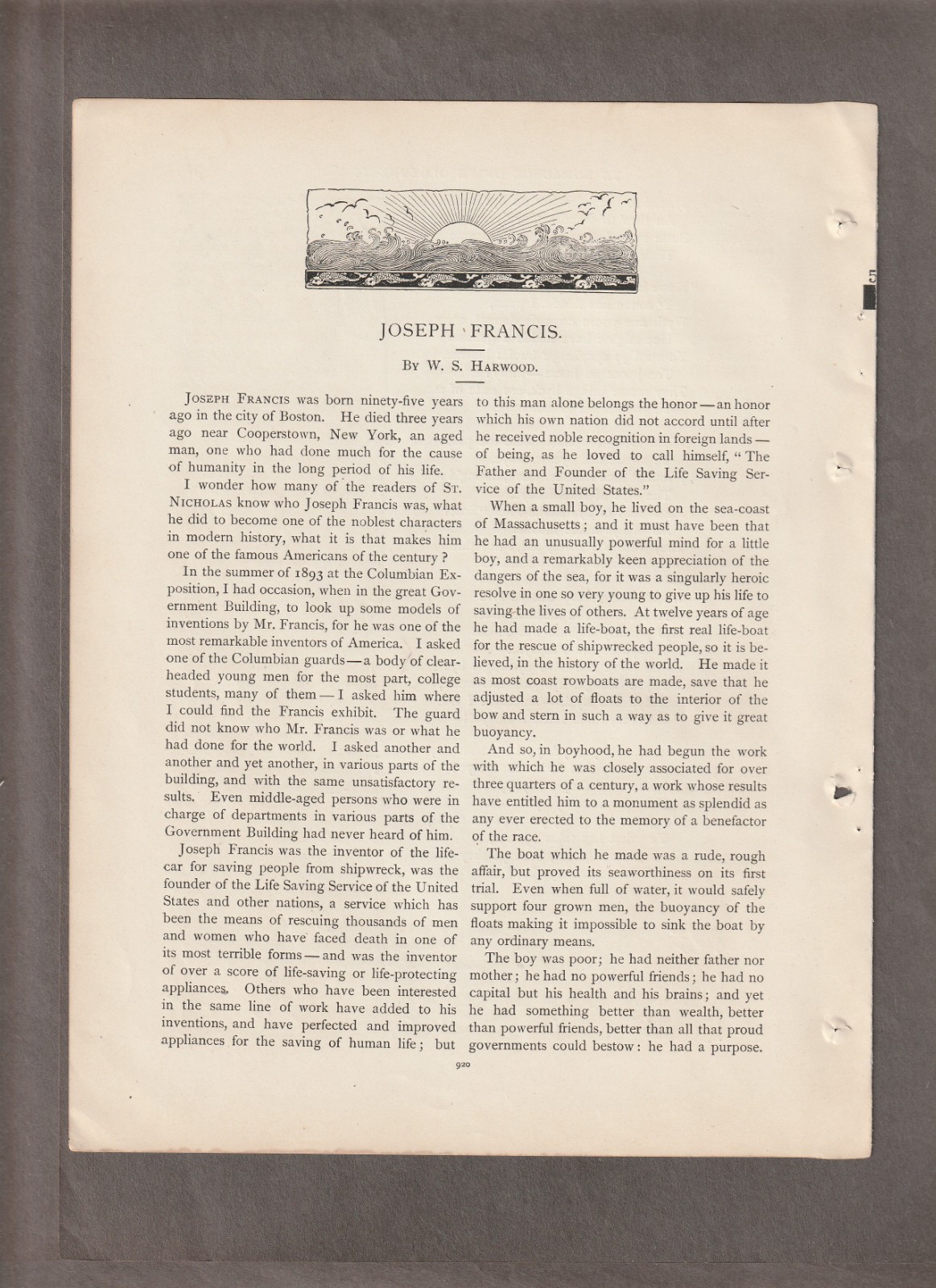 Vintage 1896 JOSEPH FRANCIS Magazine ARTICLE Pages~INVENTOR of LIFE-CAR/Boat