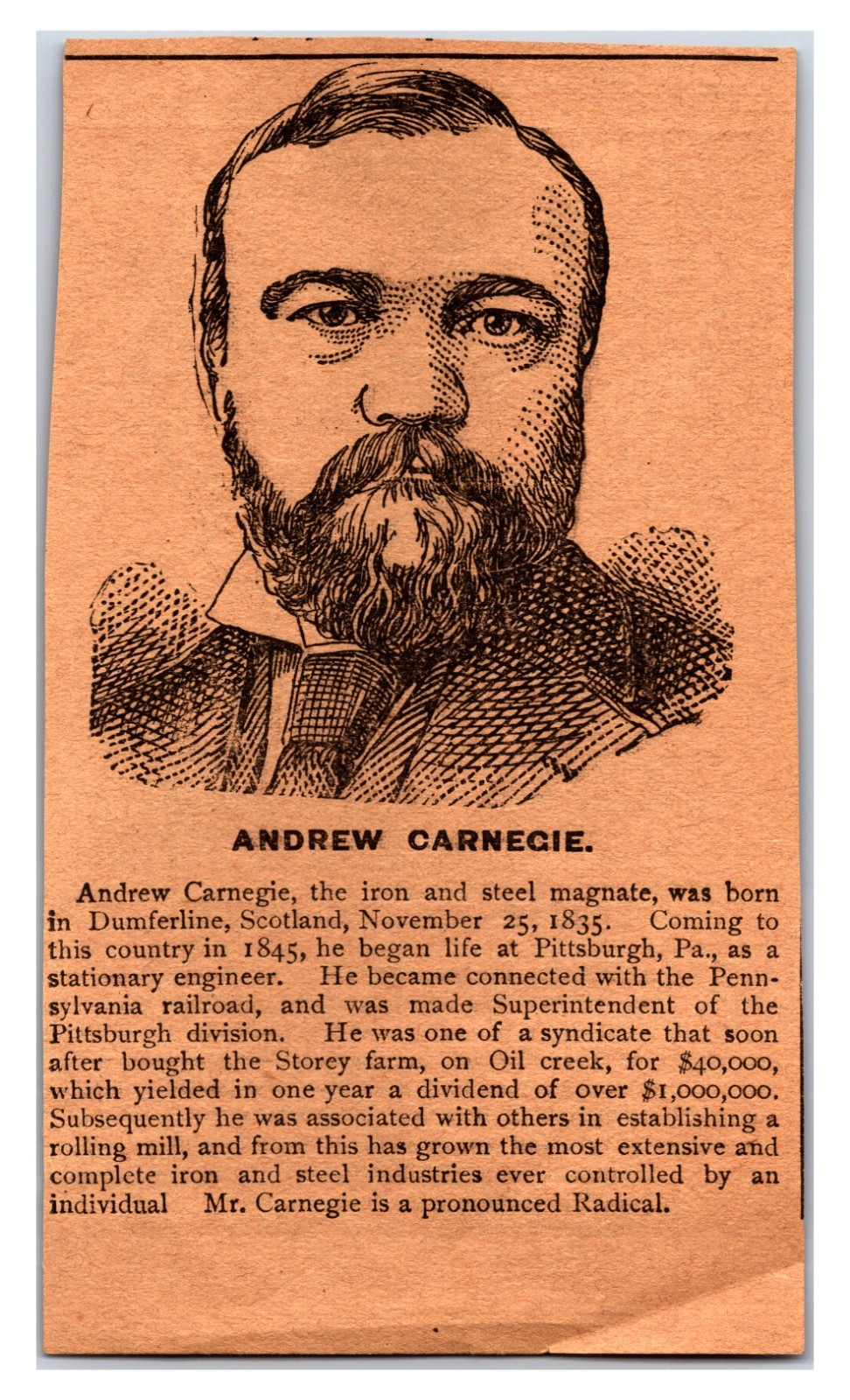 Vintage Original Late 1800s Newspaper Clipping - Andrew Carnegie Article