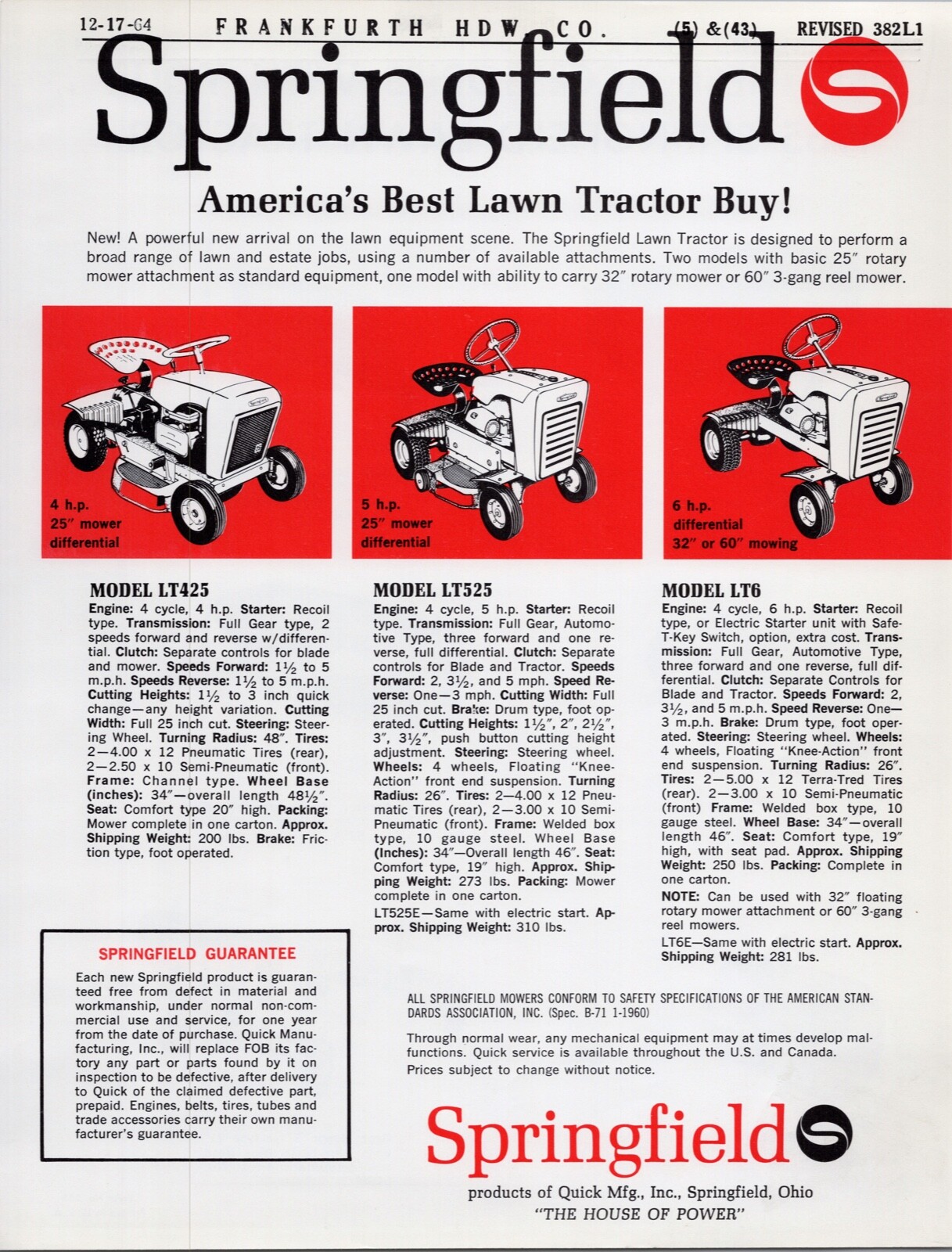 1964 Springfield Lawn tractors Riding Lawn Mowers Print Ads