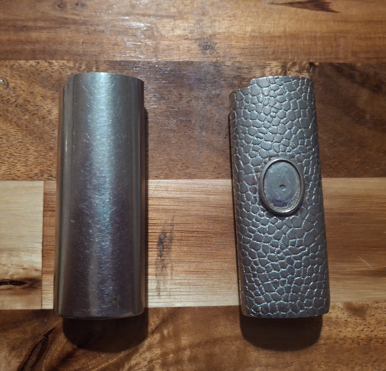 Lot 2 Vintage Silver Toned Bic Lighter Holders Metal Finish Scale Design 