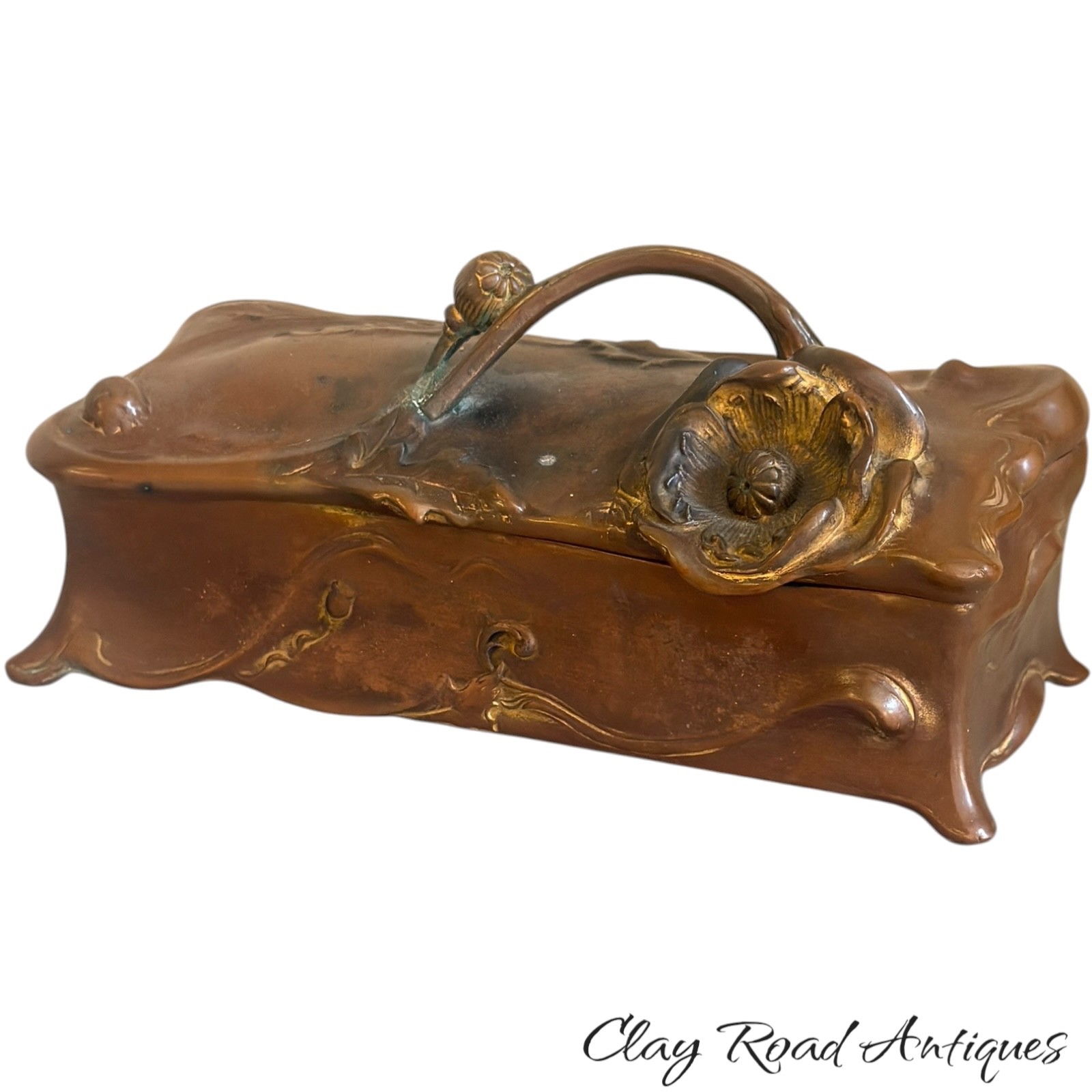 Antique c1900 Art Nouveau bronze style Jewelry Box Poppy Flower J.B. Signed