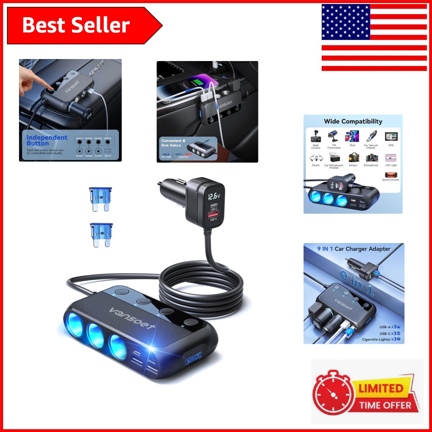BESTEK 148W Multi-Device Charger - 9 Ports with PD30W & Quick Charge Technology