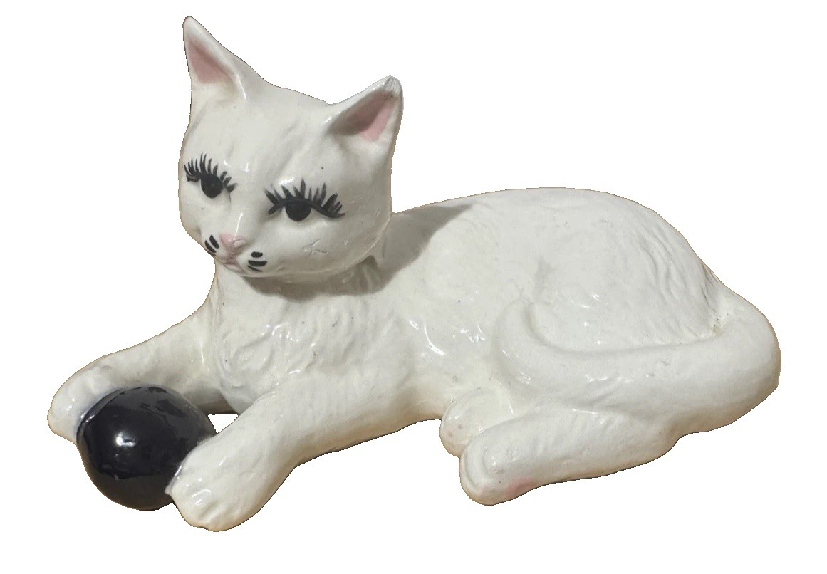 Vintage Porcelain White Cat Figurine With Blue Eyes Has Repair On Neck See Photo