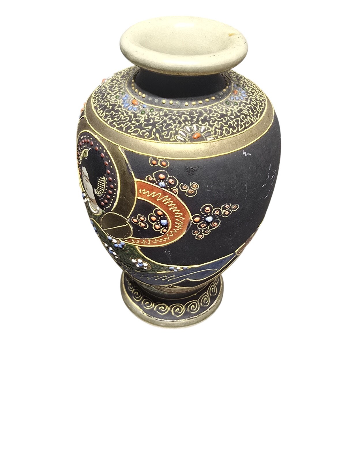 Japanese Satsuma Moriage Hand Painted Geisha Ceramic Vase Black Gold Antique