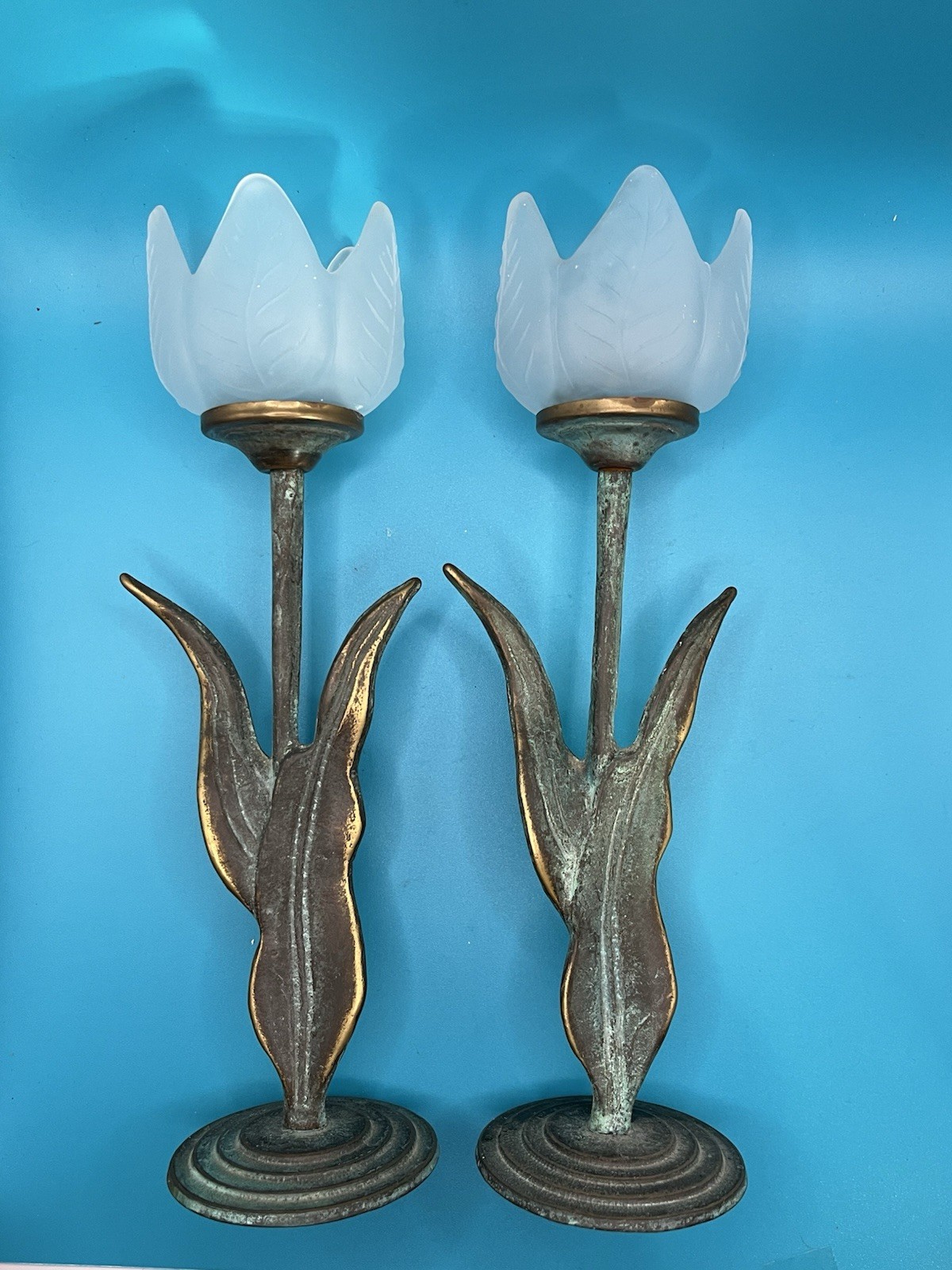 Lot 2 Vintage 90s Brass Frosted Glass Tulip Votive Candle Holders 9.25”