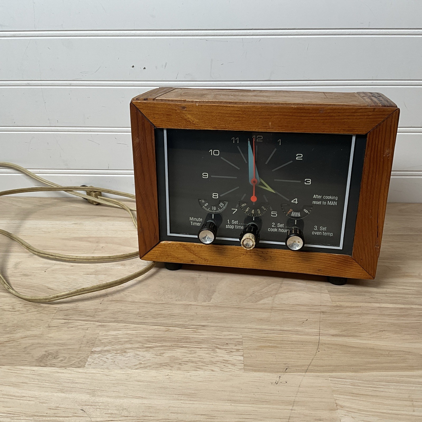Vintage Mid Century Oven Stove Clock Timer Alarm - WOOD CASE - Three Dials