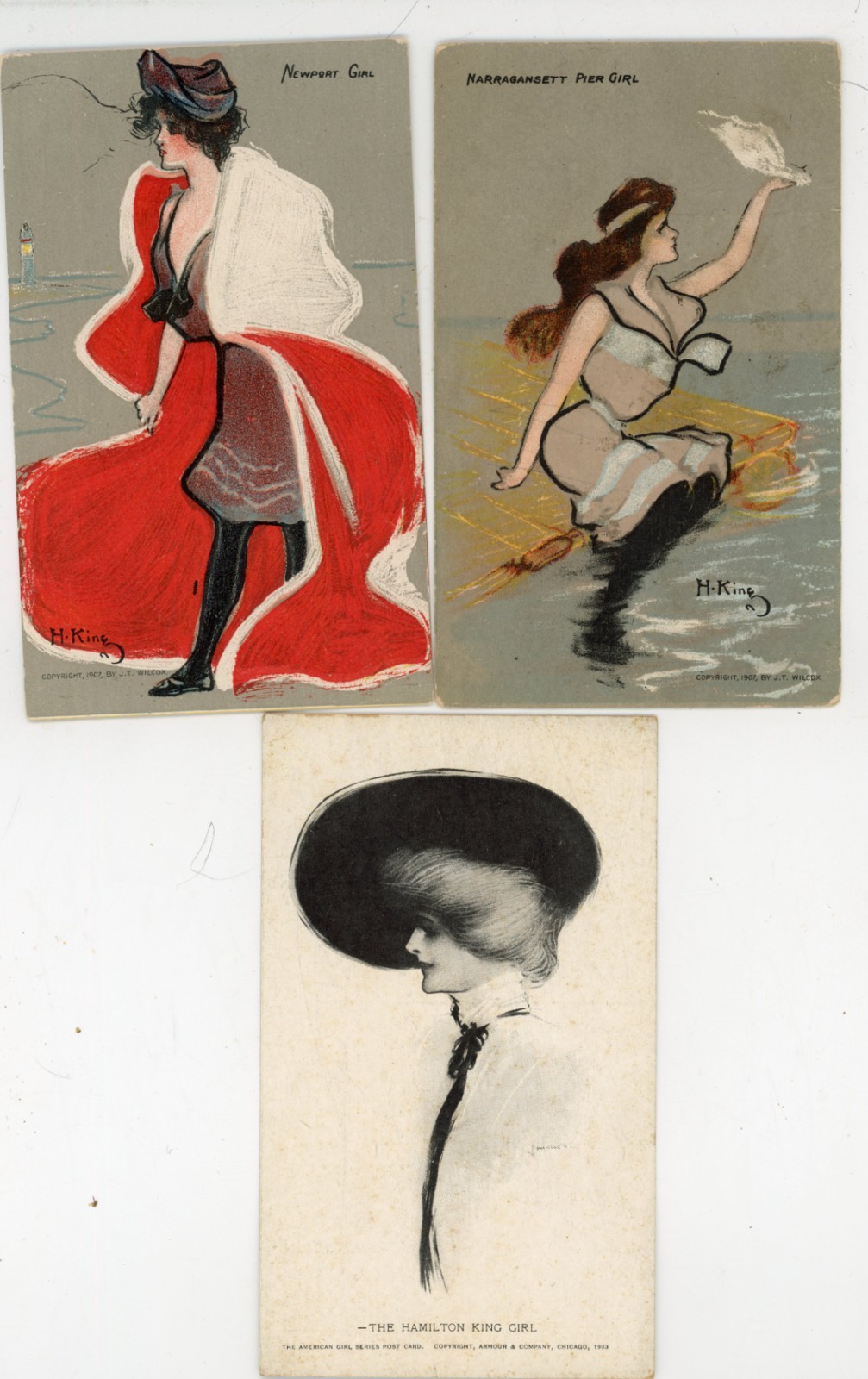 lot of 3 pre 1912 signed artist HAMILTON KING glamour women postcards