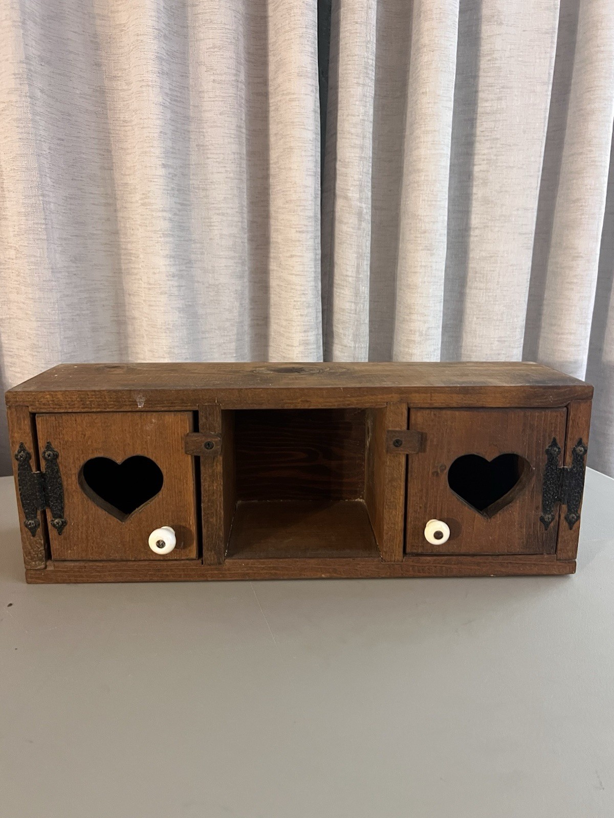 Vintage Pine Wood Cubby Cabinet Heart Cutouts Cottage Farmhouse Storage 20”