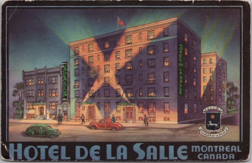 1940s MONTREAL Quebec Canada Postcard HOTEL LA SALLE Artist's Street View Night