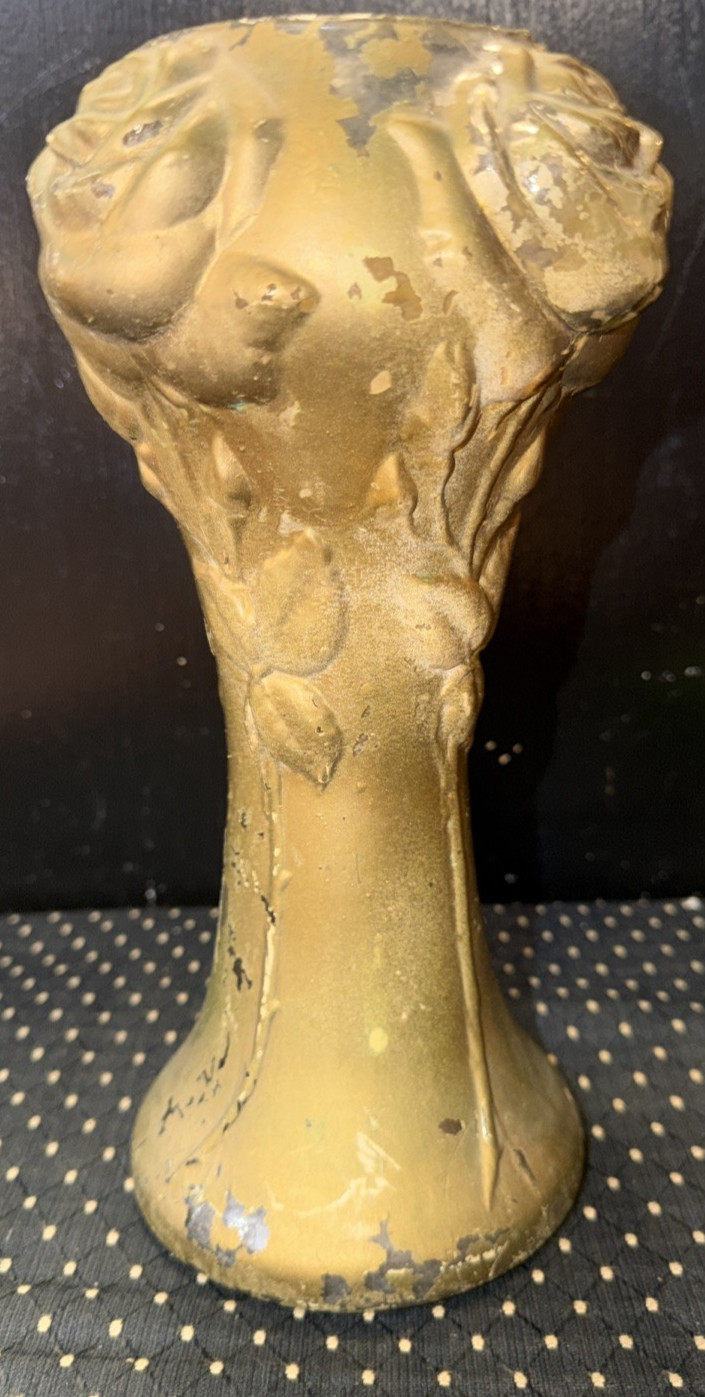 Antique Victorian Puffy Gold Goofus Glass Vase Roses Original Paint 10