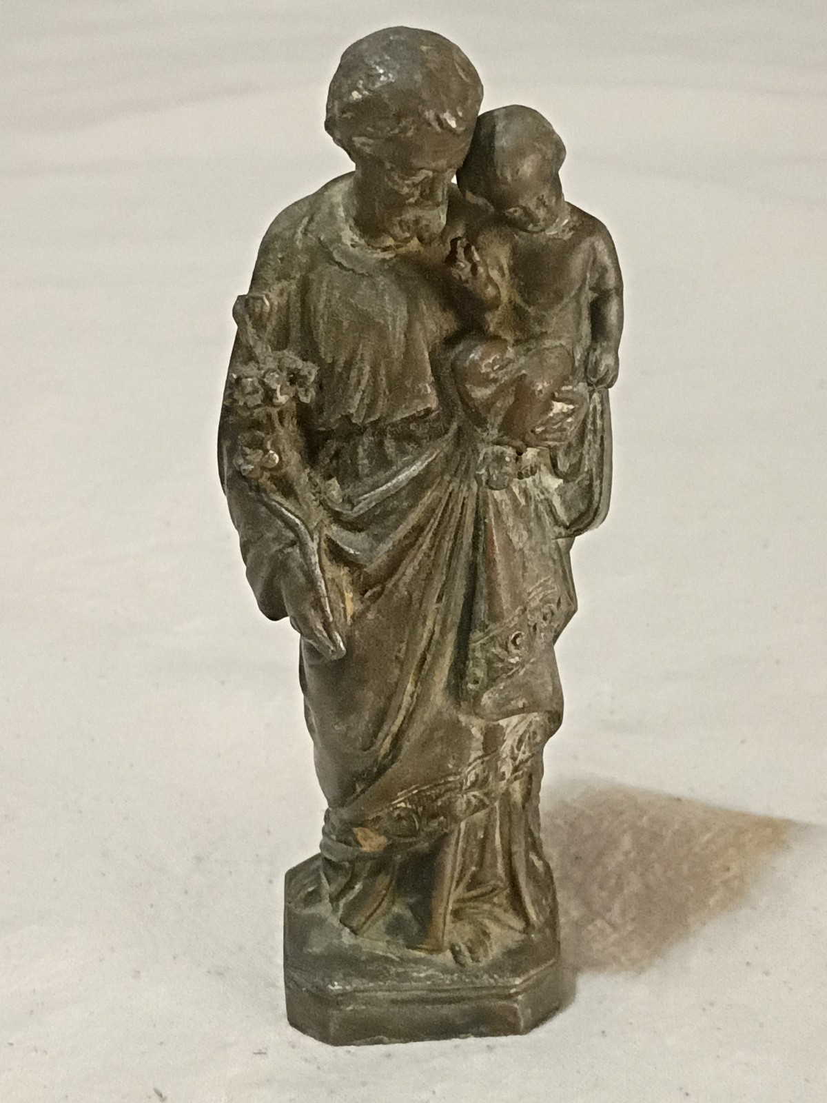 Antique 12cm Tall St. Joseph Holding The Christ Child Statue Bronze