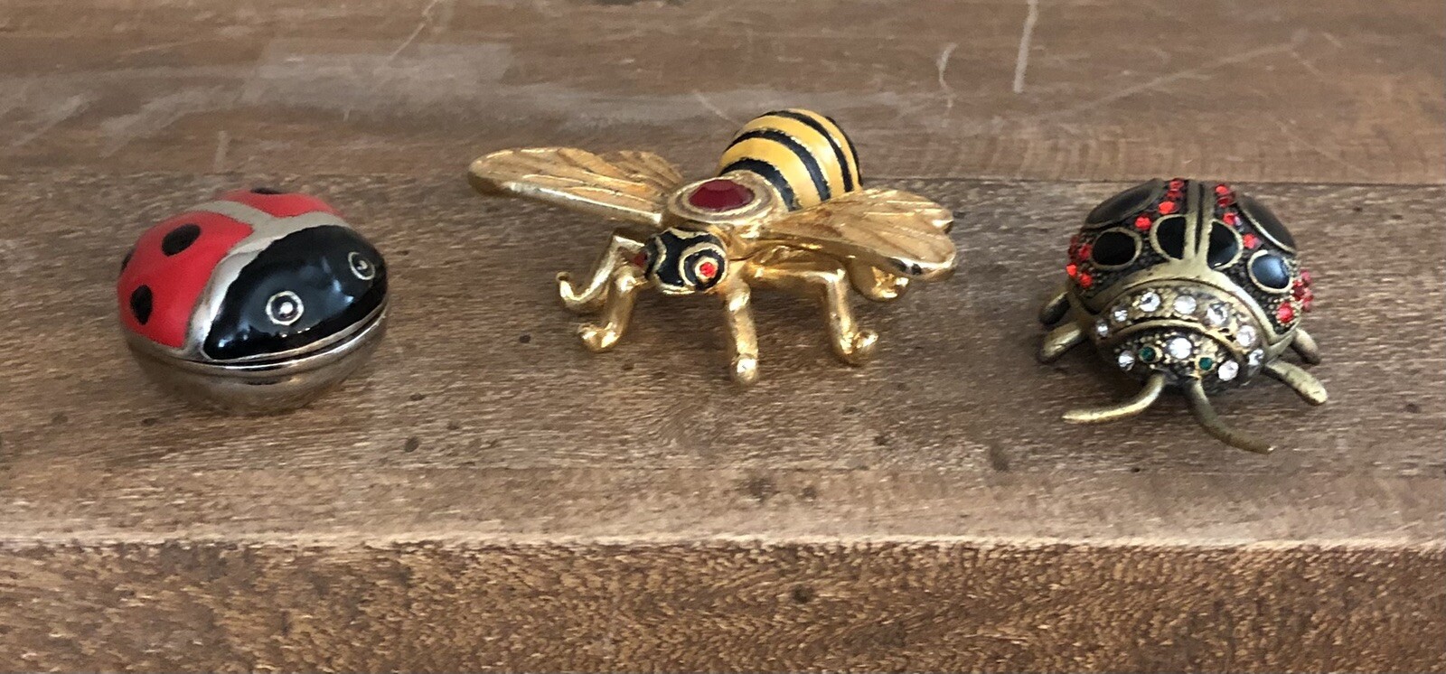 Set of 3 Enamel Metal Jeweled Bejeweled Lady Bug Bee Hinged Trinket Box Pill Box