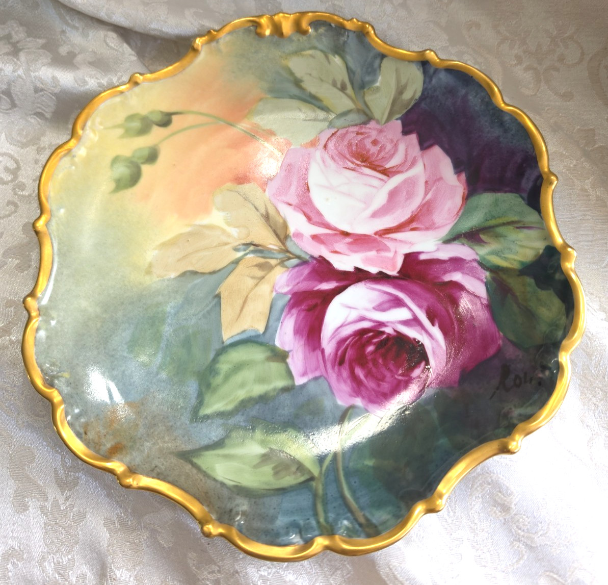 ANTIQUE Hand Painted Flambeau LIMOGES signed Rose Plate Cira 1890 MINT