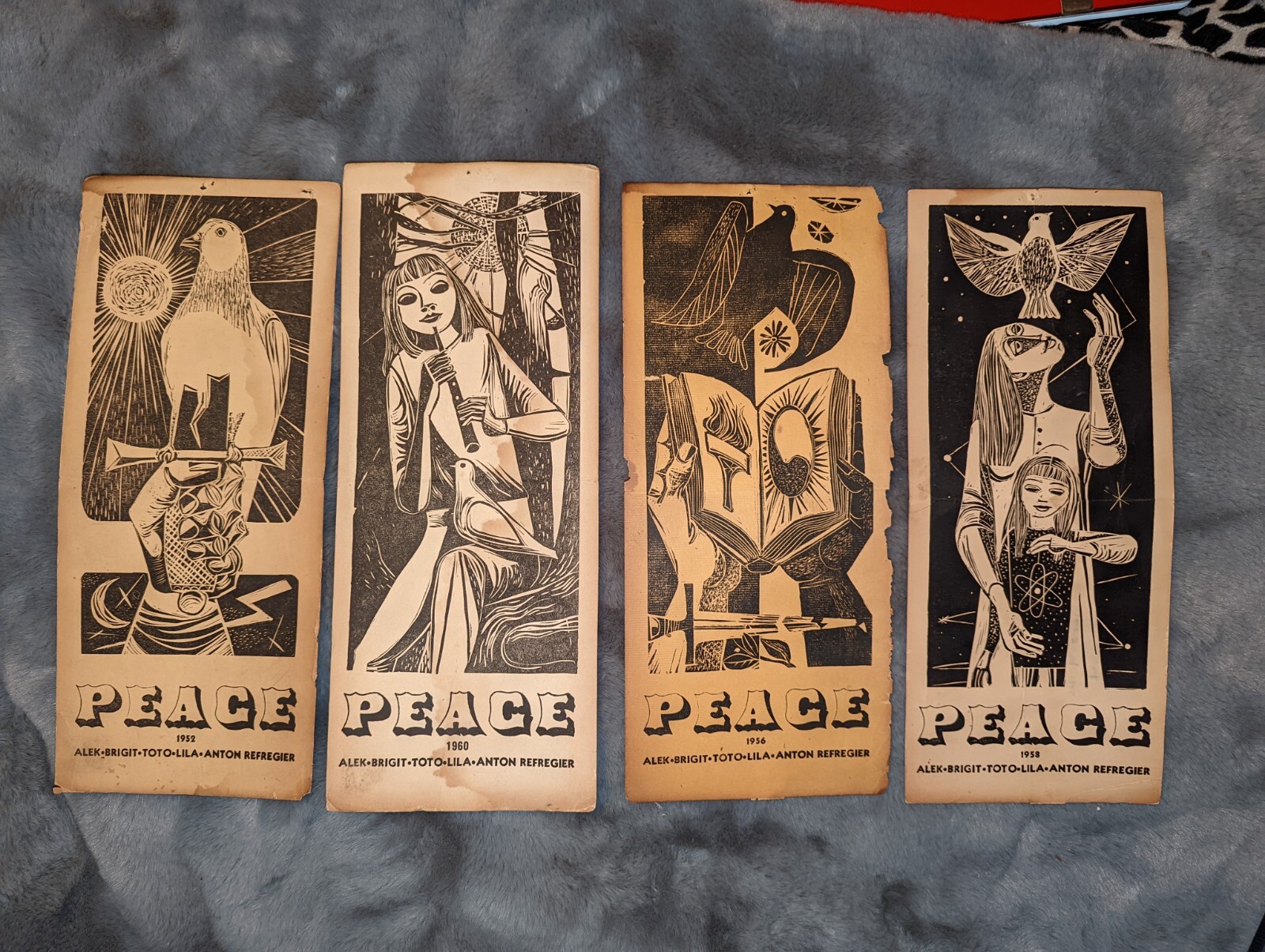 Rare 4 Vintage Folding Peace Postcards By Anton Refregier 1952, 1956, 1958, 1960