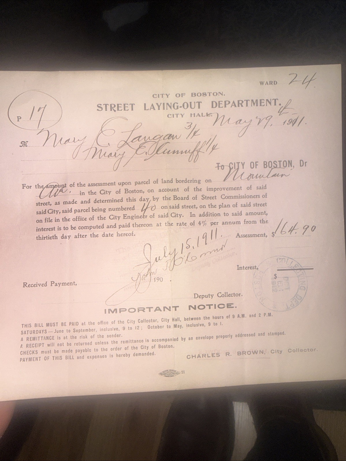 Antique Assessment Bill 1911 Boston