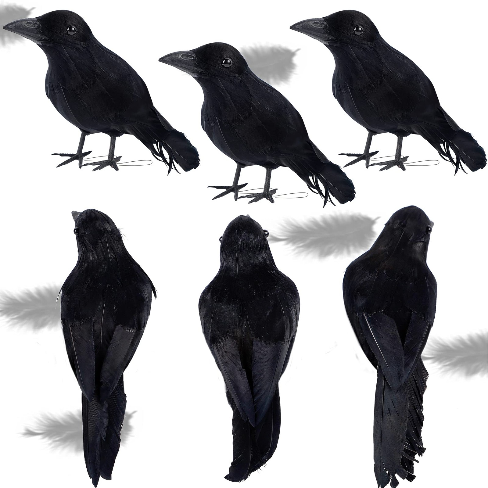 ATDAWN 6 Pack Halloween Black Feathered Crows, Realistic 6 crows, ATDAWN 6 Pack Halloween Black Feathered Crows, Realistic 6 crows,
