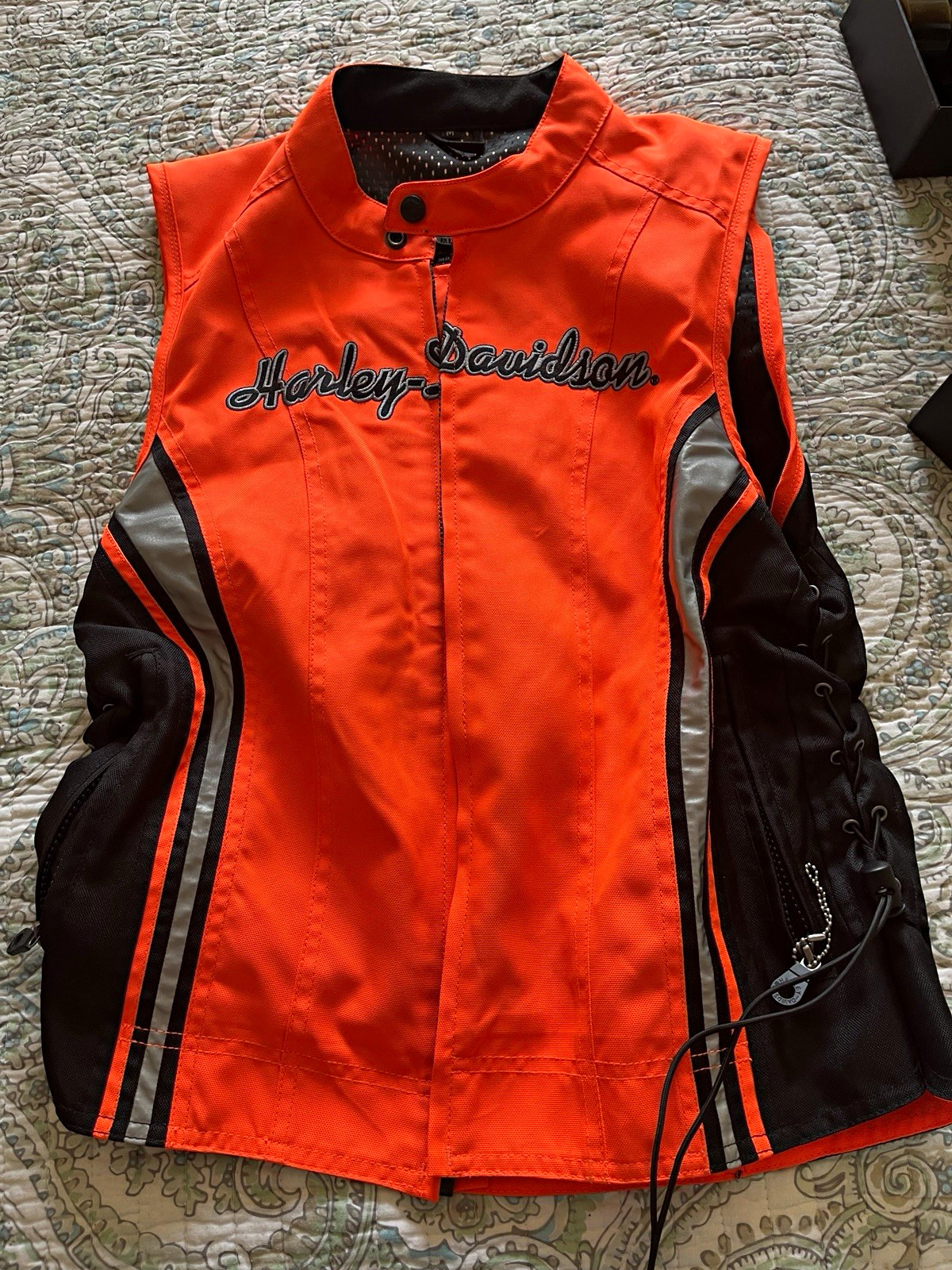 Harley-Davidson Orange/Black Mesh Lined Lace-Up Sides Zip Front Vest