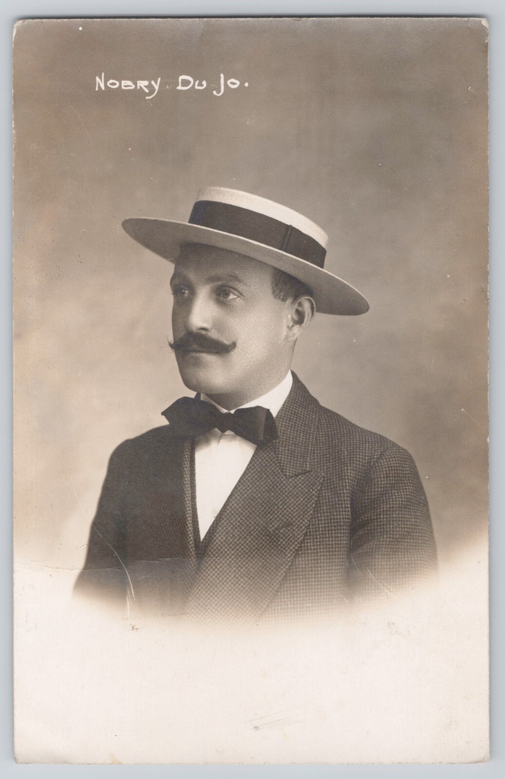 c1910s Nobry Du Jo Portrait Postcard Man in Straw Hat and Bowtie Unposted