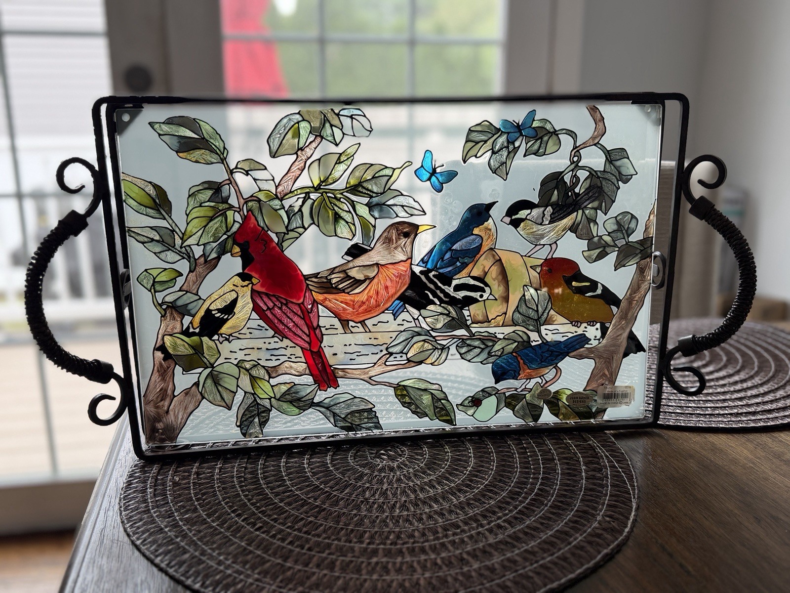Vintage Joan Baker Designs Hand Painted Glass Tray - Birds of a Feather Design