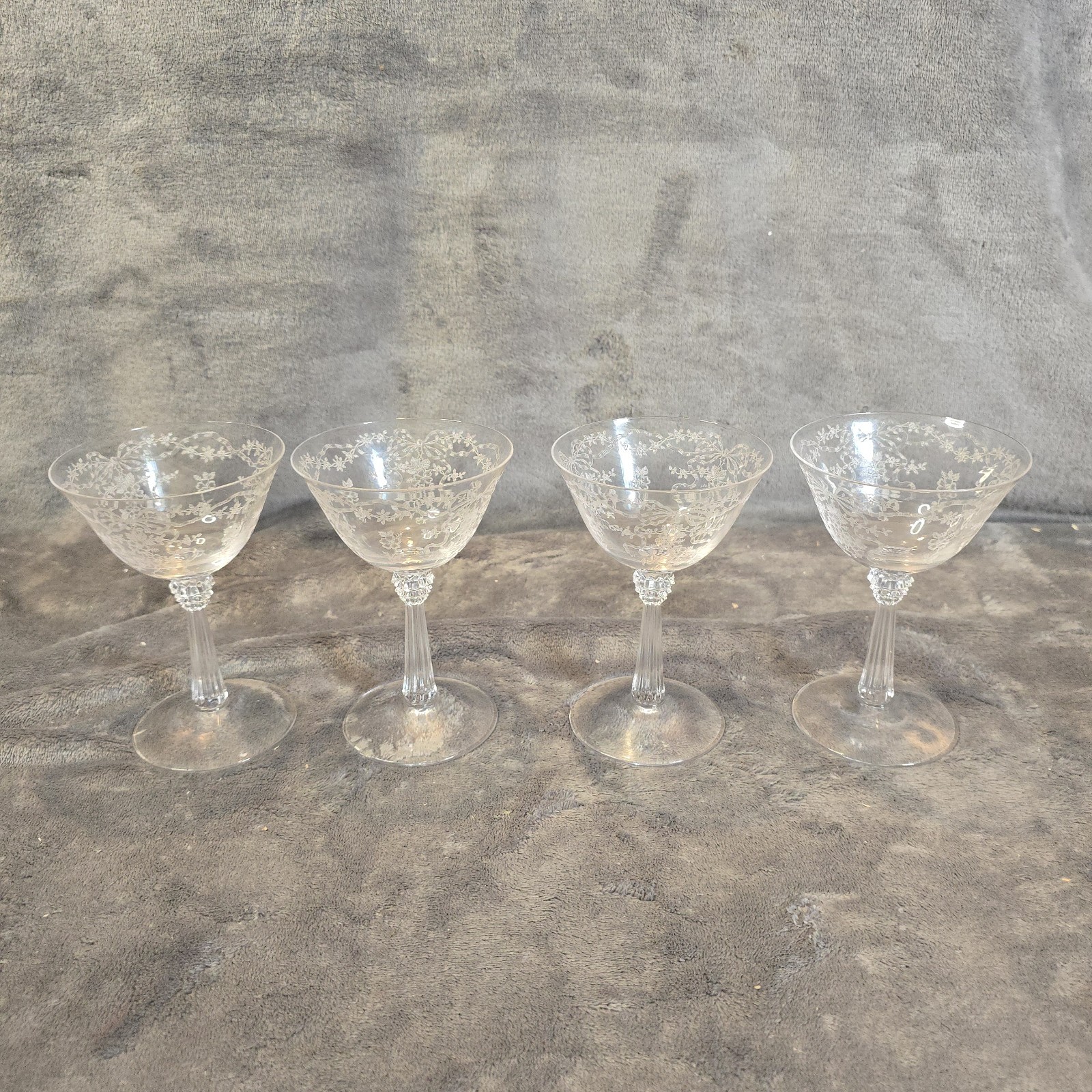 Vintage Fostoria Romance Etched Champagne Coupe Glasses Set of 4 Clear Crystal