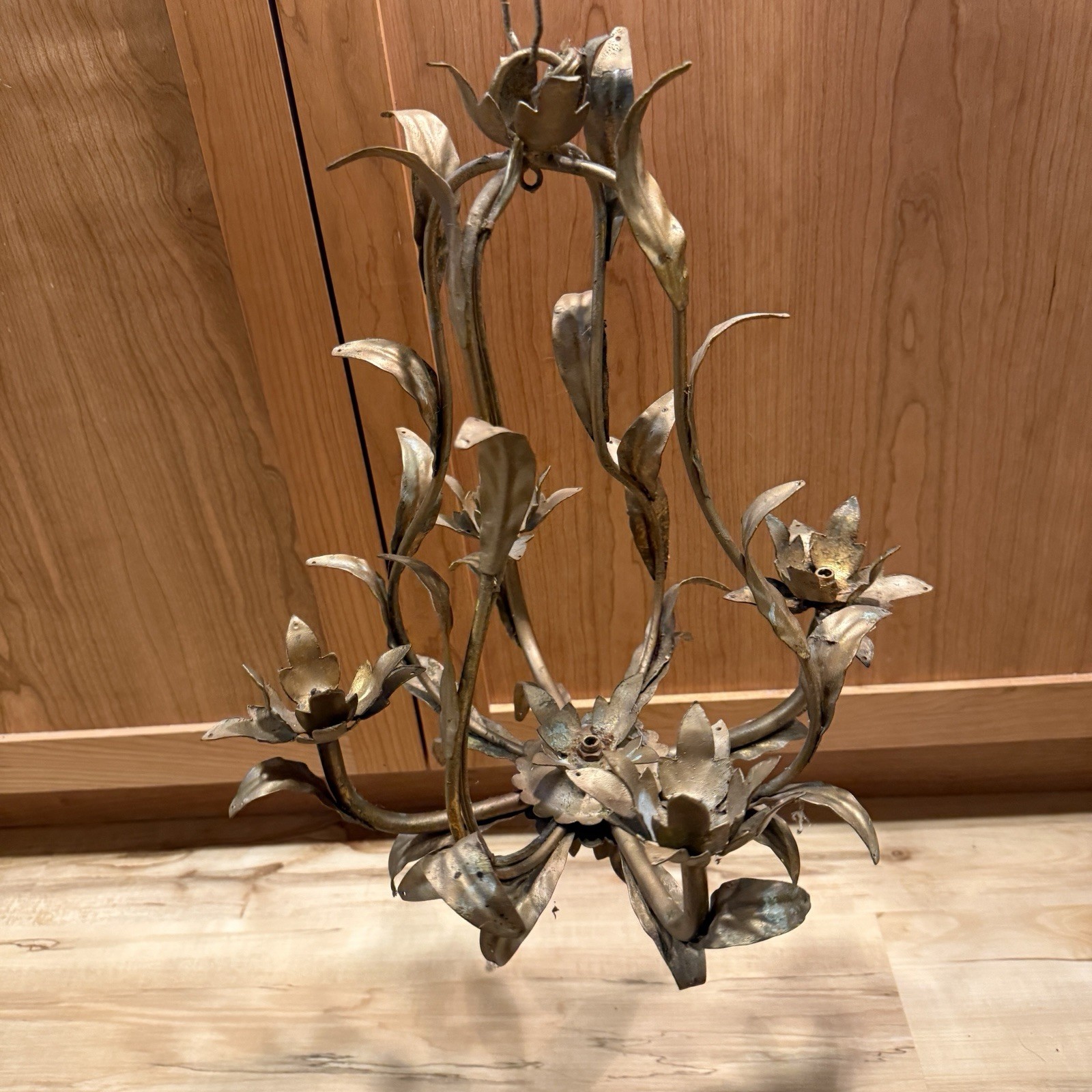 Vtg MCM Italian Tole Chandelier Gold Gilt Floral 5-Light Hollywood Regency As Is