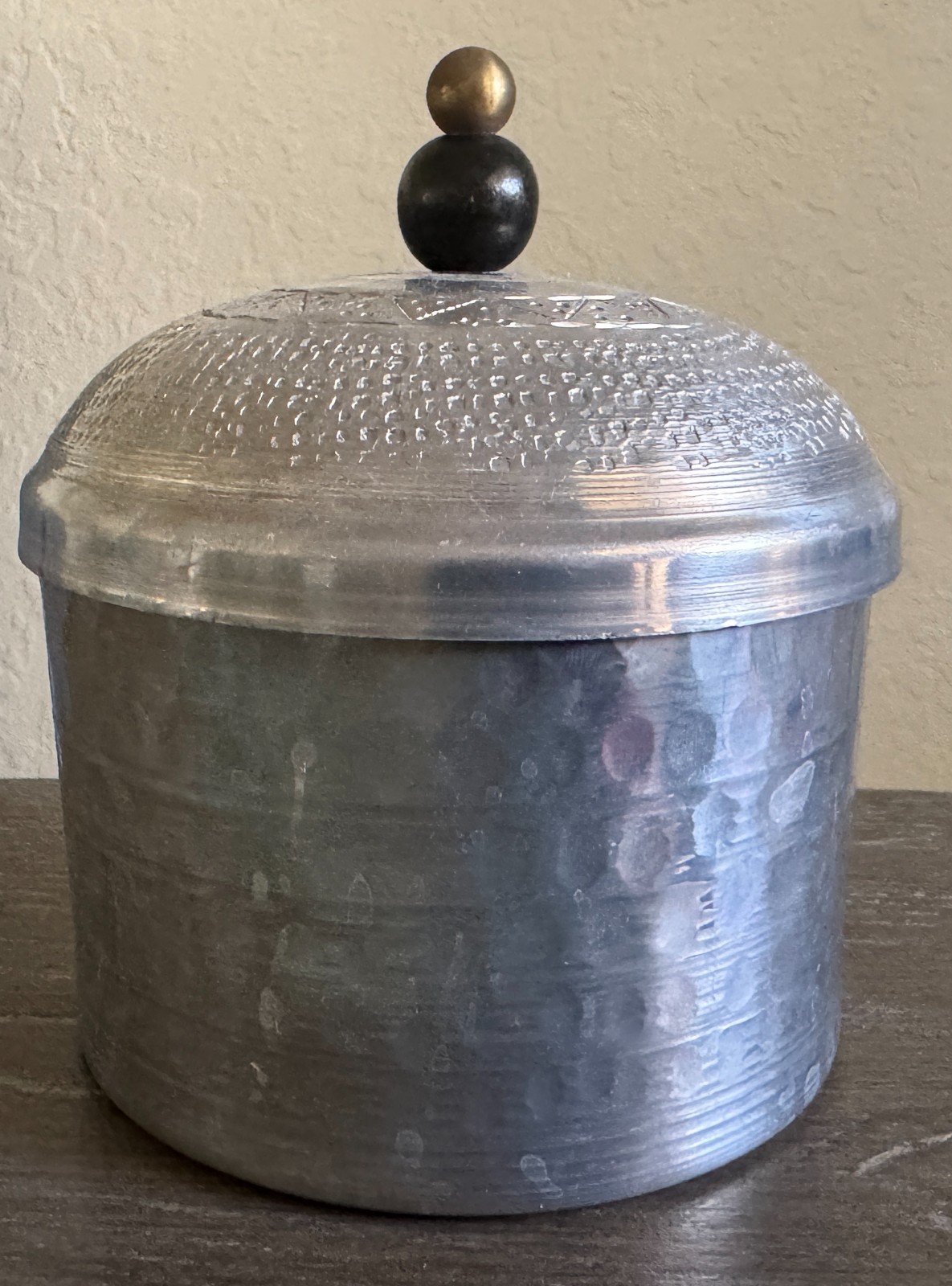 Small hammered aluminum canister with lid etched home decor 4.5