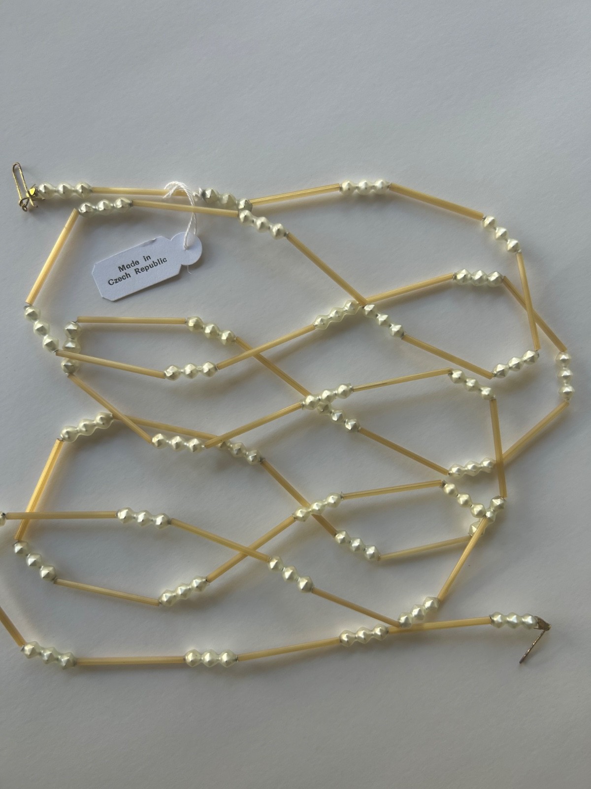 Vintage Czech Republic Blown Glass Garland Yellow Tube Bump Pearl Bead Christmas