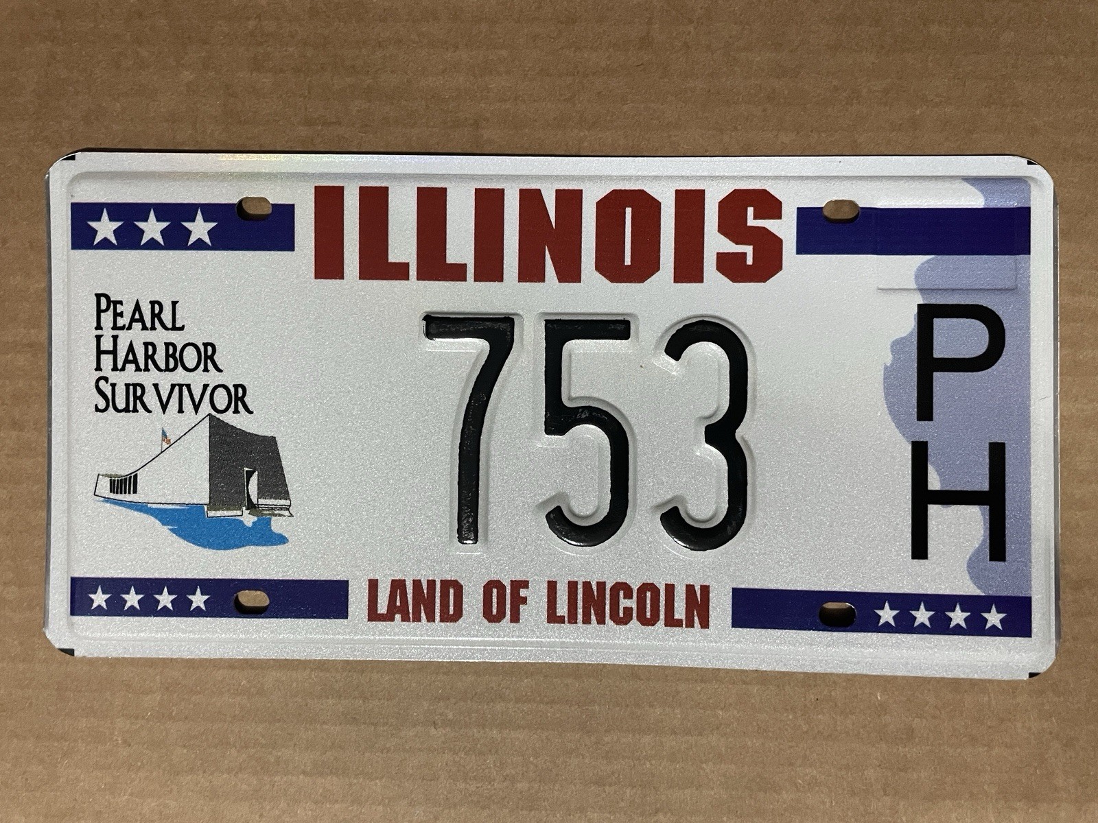 ILLINOIS PEARL HARBOR SURVIVOR LICENSE PLATE 753 PH VETERAN MILITARY