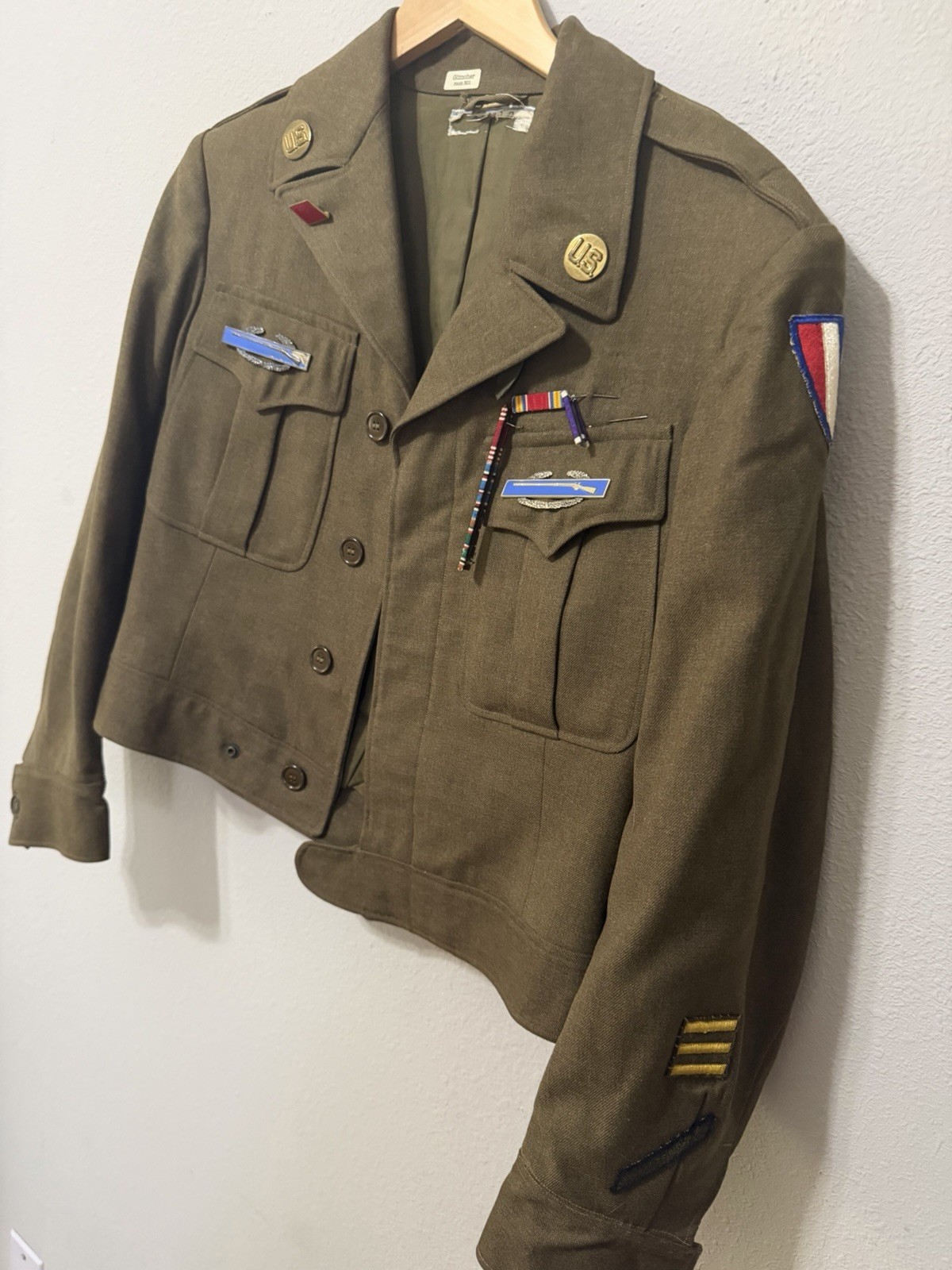 VTG WWII US Army M1944 Wool Ike Jacket  Glimcher Combat Infantry Badge Ribbon