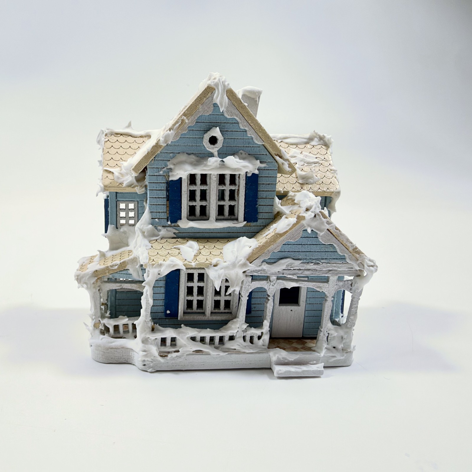 Handmade Dollhouse Miniature Snowy Blue Victorian House Christmas Village 3.5”