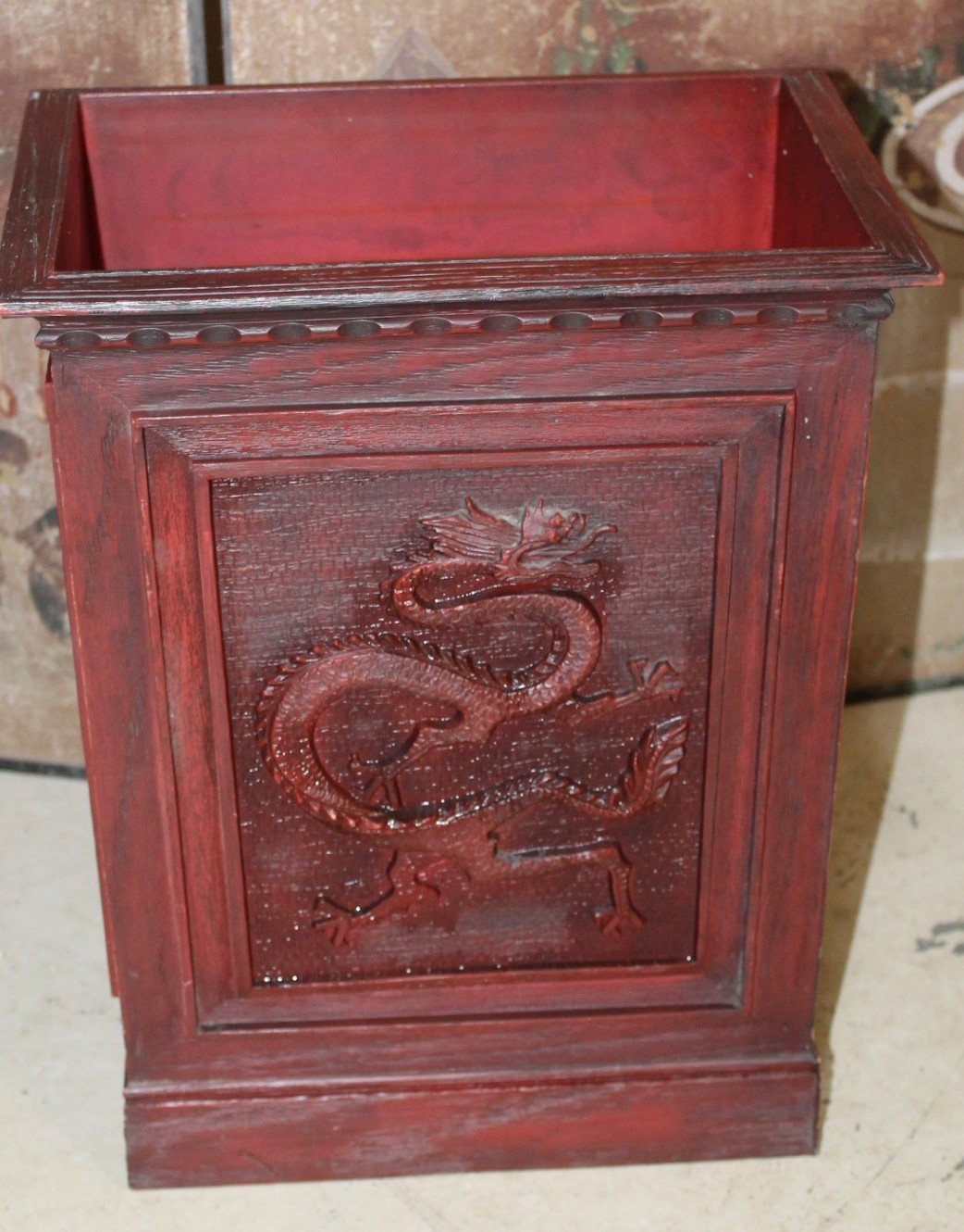 Vintage MCM Chinese Style Rectangle Waste Basket Planter Embossed Dragon Plastic