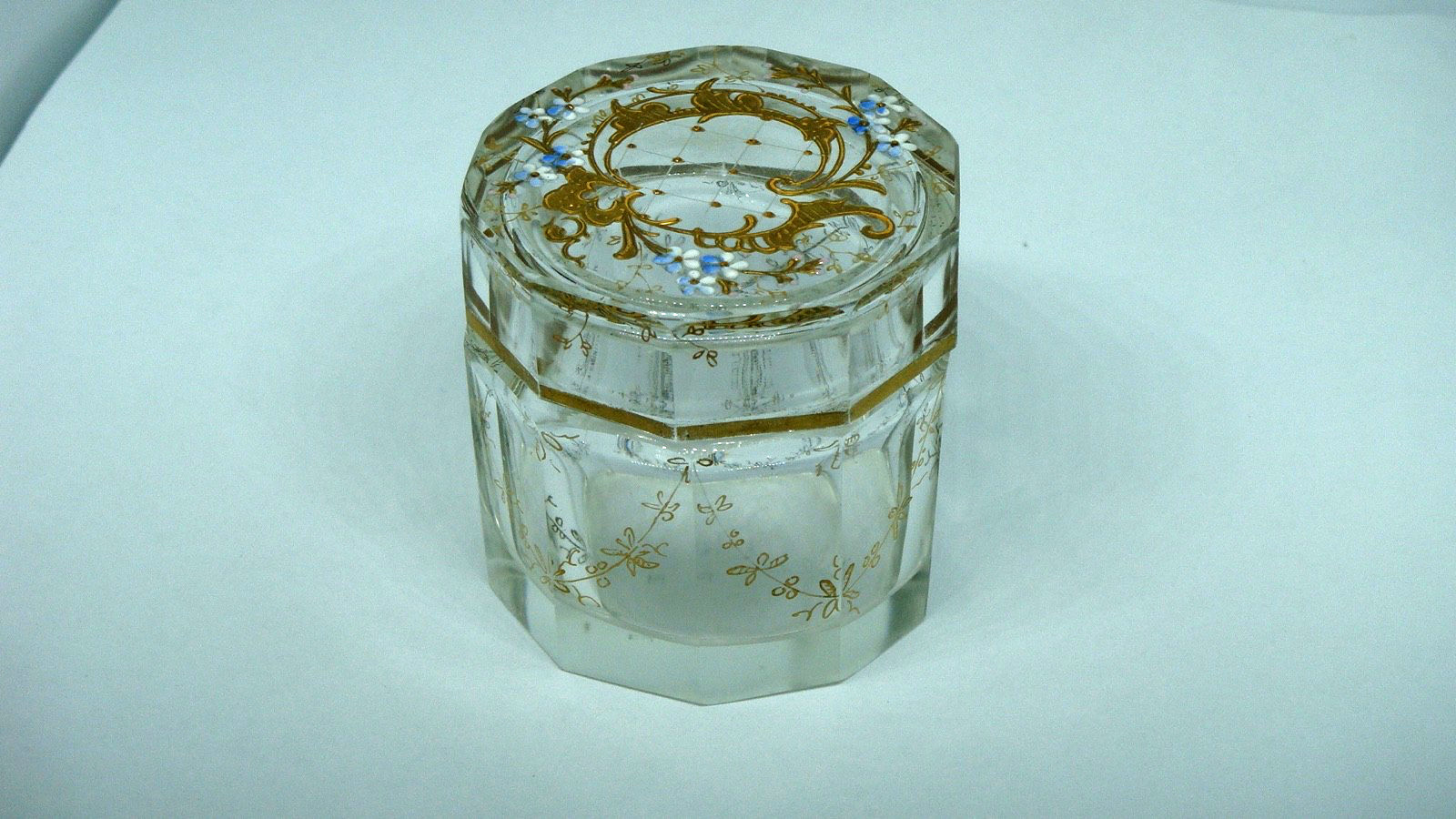 ANTIQ FRENCH FACETED HAND PAINTED GOLD & ENAMEL FLORAL GLASS VANITY DRESSER JAR