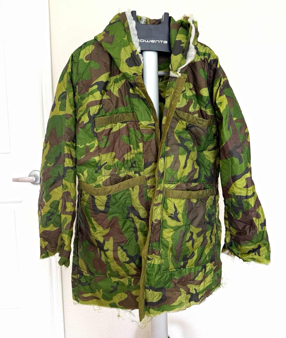 Vintage 1987 USGI Woobie Jacket Poncho Liner Hooded Camo Raw Edge Handmade OOAK