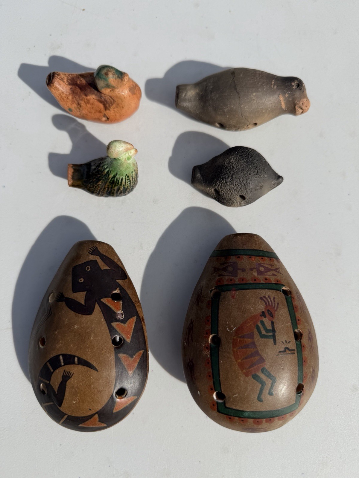 Vintage Native American Carved Pottery Whistles Lot Of 6 Signed Painted Repaired
